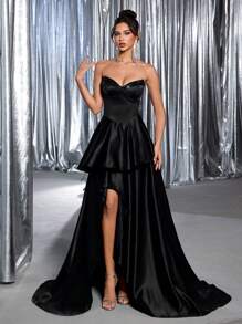 Glamrae Elegantes und wunderschönes Kleid mit schwarzen Pailletten-Nähten, luxuriöser Satin mit Baumwoll-Büstenträger, strapazlose I-förmige Faltenapplikation mit Seitenschlitzen und extra großem Schleppbesatz, geeignet für Dating-Partys, Junggesellinnenabschiede, Urlaub und formelle Abendessen-Anlässe, Abendkleid, Ballkleid, für Abende, Hochzeitsgäste