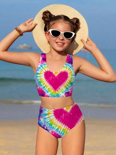 SHEIN Tween Girls' Casual Minimalist Heart Tie-Dye Pattern Crop Top & Bottoms Swimsuit Set, Suitable For Summer