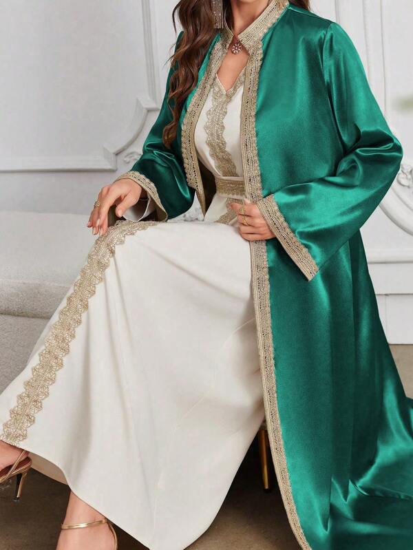 Layrah Women's Water Soluble Lace Patchwork Modest Robe Abaya & Dress Set, Moroccan Caftan Muslim Fashion Abaya For Festival/Gathering, Elegant Luxury Evening Party Style