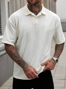 Manfinity Homme Men's Casual Vacation Style, Featuring An INS-Inspired Geometric Diamond-Textured Jacquard Knit Short-Sleeve Polo Shirt. Perfect For Music Festivals, Hawaii Beach Getaways - White - View 4