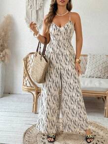 SHEIN Clasi Plus Size Women Batik Print Casual Wide Leg Jumpsuit Romper - Apricot - View 5