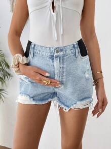 SHEIN 孕妇蓝色牛仔不对称破洞短裤 - 淺色水洗藍 - 查看 6