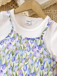 SHEIN 2pcs/Set Young Girls' Solid Color Short Sleeve T-Shirt & Floral Print Cami Dress