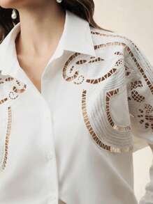 Anewsta Women's Elegant Hollow Out Design Long Sleeve Single-Breasted Blouse, Spring/Summer