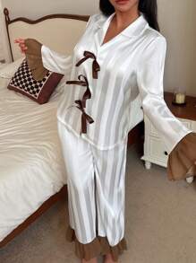 SHEIN Women Satin Pajama Set With Ruffle Hem And Bow Design Bowknot, Fall Winter Clothes - White - View 3