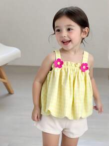 2pcs Toddler Girls' Summer Outfit: Sleeveless Top With Decorative 3D Floral Applique And Solid White Waist-Cinched Shorts, Comfortable Linen Blend Gingham Pattern, Versatile Casual/Holiday Wear - Multicolor - View 1