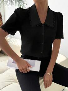 RosyDaze 女士时尚黑色撞色彼得潘领短袖衬衫 - 黑色 - 查看 3