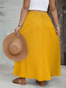 SHEIN VCAY Váy chữ A thường ngày cạp chun màu trơn cỡ lớn cho nữ, xẻ tà bên hông, dáng suông - Màu vàng - Xem 2