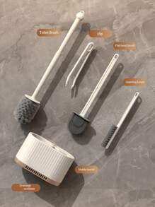 SHEIN 4pcs Toilet Brush Set, Wall-Mounted Bathroom Cleaning Brush With No Dead Ends, Four-In-One Light Luxury Toilet Cleaning Brush Holder, Bathroom Cleaning Tool, Bath Accessories Bathroom Decor Summer