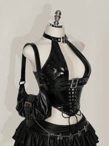 SHEIN ICON 加大码 Y2k 哥特风女式时尚 PU 皮革索环装饰后背系带背心 - 黑色 - 查看 11