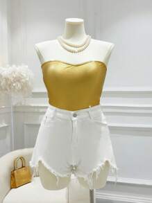 INAWLY Top strapless amarillo de unicolor y elegante para tallas grandes - Dorado - Ver 4