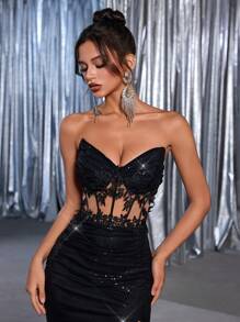 Glamrae Elegant & Luxurious Strapless Mermaid Dress With Waistline Mesh, Embroidery Lace Patchwork, Sequin, Elastic Ruched, Side Slit, Train Suitable For Wedding, Party, Banquet, Evening Gown (Heavily Embellished), Formal, For Wedding Guest, Valentine's Day - Black - View 1