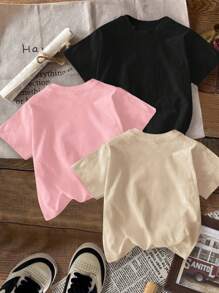 SHEIN 3pcs Tween Girls Casual Cartoon & Positive Smiling Slogan Printed Oversized Crew Neck Short Sleeve T-Shirts, Suitable For Summer