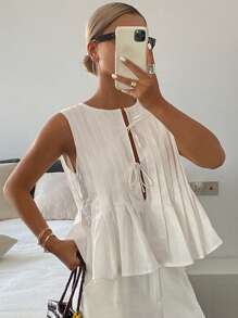 Livesso Blusa de lino con detalle de lazo para mujer, top de volantes tipo babydoll para salir, tops de otoño