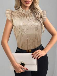 SHEIN Clasi Women's Elegant Ruched Ruffle Collar Foil Floral Print Cap Sleeve Fitted Blouse - Pink - View 3