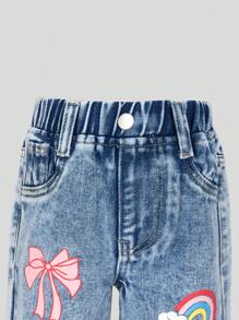Jeans para niñas bebé, nuevos y adorables, de color azul vaquero con lazo y estampado de letras arcoíris, de algodón cómodo, pantalones rectos de moda casual holgada - Azul lavado medio - Ver 6