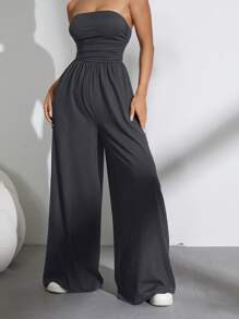 SHEIN Unity Women's Solid Color Wide Leg Casual Tube Top Pleated Loose Jumpsuit - Grey - View 5
