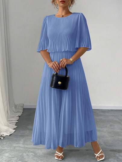 Elenzga 大码纯色优雅淑女雪纺褶皱连衣裙，春夏