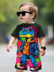 SHEIN 2pcs/Set Baby Boy Casual Cute Cartoon Lizard Print Round Neck Short Sleeve T-Shirt And Lizard Pattern Shorts, Summer Outfit - Multicolor - View 1