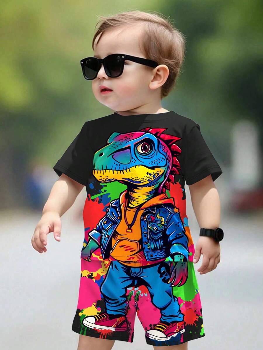 SHEIN 2pcs/Set Baby Boy Casual Cute Cartoon Lizard Print Round Neck Short Sleeve T-Shirt And Lizard Pattern Shorts, Summer Outfit - Multicolor - View 1