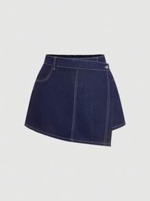 SHEIN MOD Short en jean grande taille, jupe-short ajustée casual en patchwork, jupe-short bleue pour la fête des mères, concert d'été, vacances à la plage, jupe-short mignonne, jupe-short décontractée chic pour femme, jupe-short pour l'aéroport