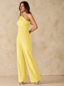 SHEIN BAE Summer Beach Vacation Elegant Solid Black Asymmetrical Collar Off-Shoulder One-Shoulder Jumpsuit, Suitable For Daily Dating, Night Out, Nightclubs, Parties, Get-Togethers, Cocktail Parties, Pool Parties, Office Wear, Commuter Jumpsuits, Holiday Jumpsuits