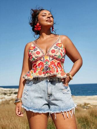 Travachic Plus Size Women Tropical Flower Print Ärmlös volangfåll Crop Top, Casual sommarväst