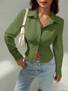 SHEIN PETITE Basic Casual Long Sleeve Shirt With Cinched Waist - Green - View 6