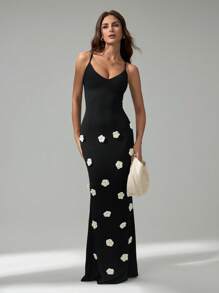 SHEIN Tall Đầm Maxi Ôm Sát Họa Tiết Hoa 3D Cho Nữ - màu đen - Xem 4