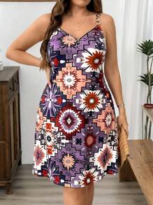 Breezaya Women Plus Size Casual Geometric Bohemian Print Slip Dress With Metal Chain, Loose A-Line Short Dress