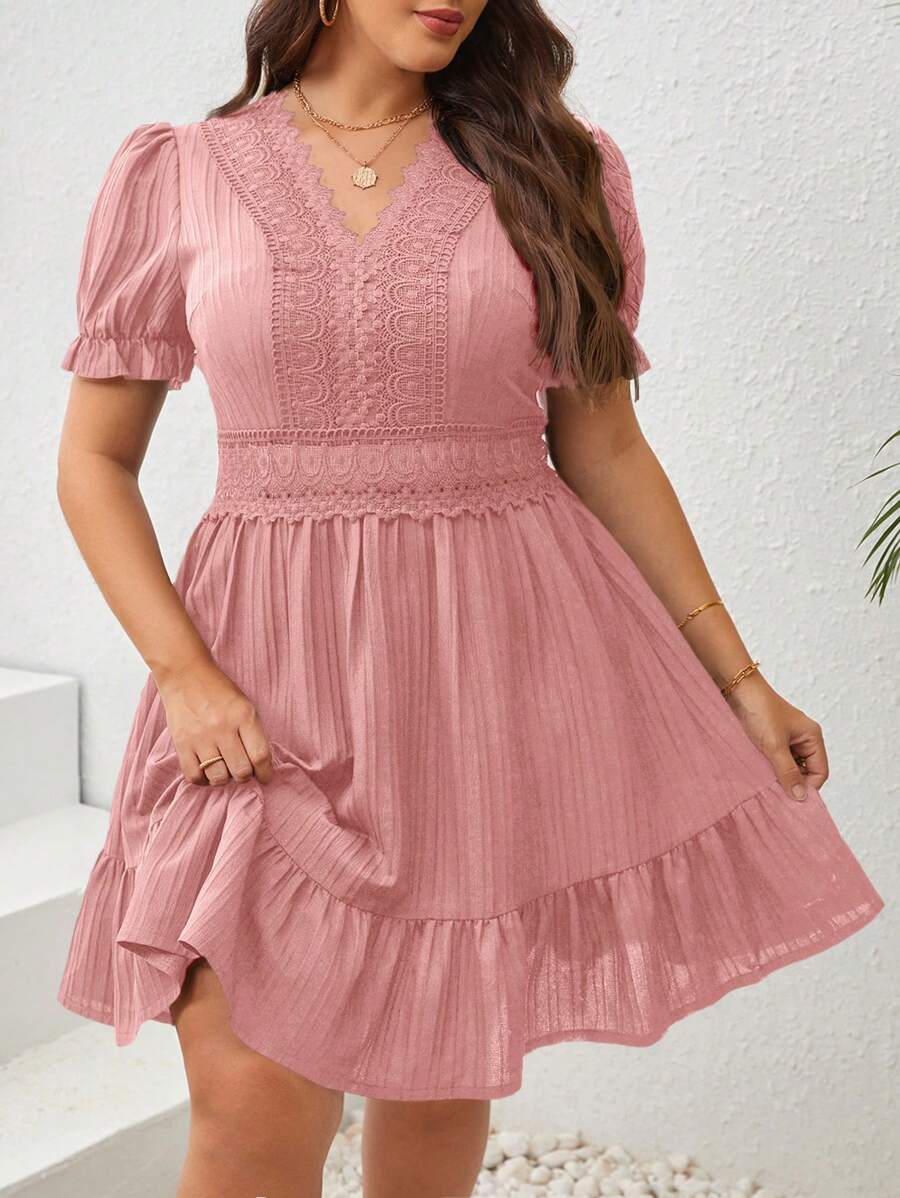 SHEIN VCAY Plus Size Lace Patchwork Puff Sleeve Summer Dress,Sun Dresses For Women - Baby Pink - View 1