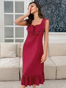 SHEIN Women's Lace Trim Bowknot Sleeveless Nightgown Babydoll, Summer Bowknot - Burgundy - View 6