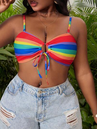 Swim Vcay Plus Size Vacation Colorful Rainbow Striped Bikini Top For Summer