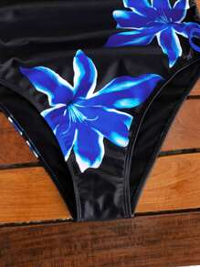 SHEIN Swim Women's Black Floral Print Halter Cut-Out One-Piece Swimsuit, Summer Beach Style