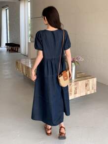 DAZY Women's Round Neck Short Puff Sleeve Casual Loose Denim Skater Dress