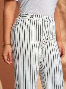 EMERY ROSE Pantalones rectos de talla grande con estampado de rayas, elegantes, adecuados para la primavera - Blanco - Ver 4