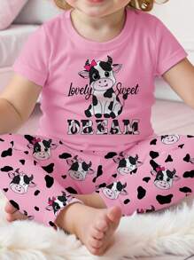 SHEIN Baby Mädchen Lässig Skinny Fit Rundhals Kurzarm bequemer Top und Hose Hausanzug Set, geeignet für Frühling und Sommer - Verschiedenfarbig - Übersicht 4