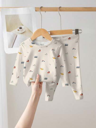 SHEIN Baby Boy Casual Minimalist Comfort Snug Fit Long Sleeve Round Neck Pants Loungewear Set, Suitable For Autumn & Winter