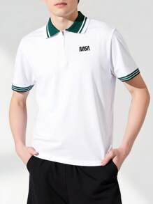 Manfinity Hypemode Men's Letter Striped Short Sleeve Zip Placket Casual Pullover Knit Top , Summer - White - View 3