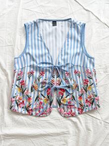 Soleia Bohemian,Boho, Romantic Floral,Vacation, Floral 4th Of July Clothes Tops Vacation Tops Beaded Top Top Party Tops Cami Top Camisole Top 4th Of July Women Crop Sexy Tops For Women WYWF Women's Holiday V-Neck Tied Flared Sleeve Tropical Stripe Jacquard Print Cami Top - Multicolor - View 5