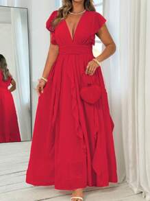 Roveilla Plus Size Elegant Solid Color Ruffle V-Neck Pleated Spring Summer Dress - Red - View 5