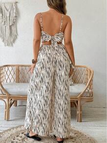 SHEIN Clasi Plus Size Women Batik Print Casual Wide Leg Jumpsuit Romper - Apricot - View 2