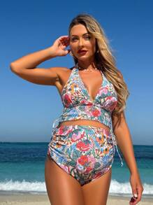 SHEIN Pregnant Women Floral Print Halter Neck Bikini Set, Suitable For Summer Vacation - Multicolor - View 3