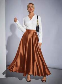 SHEIN Tall 高腰纯色喇叭派对女式超大下摆半身裙 - 鏽棕色 - 查看 4
