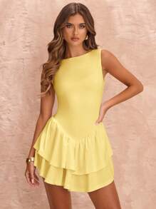 SHEIN BAE Mono de mujer de color blanco sólido, sin mangas, ajustado, con fruncidos, elegante, con doble volante en el bajo, adecuado para el Día de San Valentín, uso diario y ocasiones formales - Amarillo - Ver 4