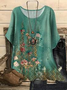 EMERY ROSE Vacation Floral Print Casual Loose Fit Crew Neck Short Sleeve Plus Size Shirt, Suitable For Summer - Green - View 1