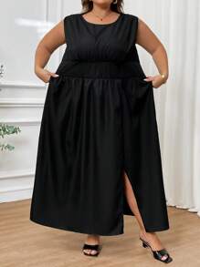 SHEIN CURVE+ CURVE PLUS 大码新款无袖高腰高开衩连衣裙，适合大码女士，春夏，Curve Plus，波西米亚风女士度假海滩装/沙滩裙/海滩度假装/海滩必备品/毕业/茶会礼服夏季/乡村/海滩度假装/海滩装/海滩装 - 黑色 - 查看 1