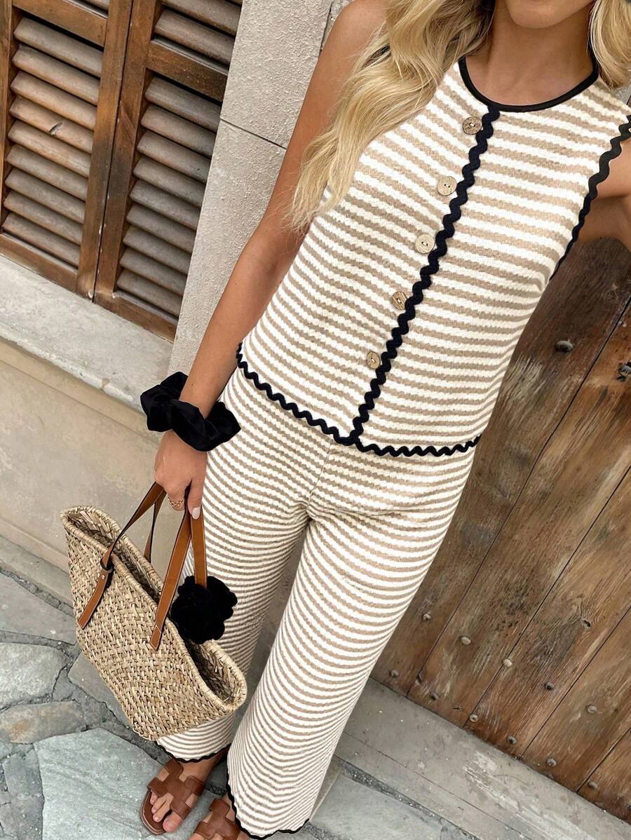 Pariaura 2pcs/Set Women Summer Patchwork Ribbon Trim & Button Decor Blouse & Pants Two Pieces Outfit - Apricot - View 1