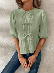 SHEIN Clasi Women's Summer Puff Sleeve Ruffle Hem Cute Peter Pan Collar Tie Front Blouse