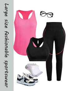 Easithlete Fashion Women's Plus Size Fitness Running Sports Suit - Pink - View 1